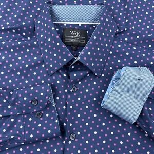 WRK Shirt Men 17 XL Blue Pink Button Up Spotted Performance Flip Cuff Rest Karma